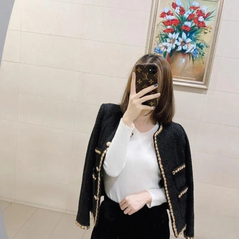 Timeless Black Tweed Suit Jackets with  Gold Thread Decorations