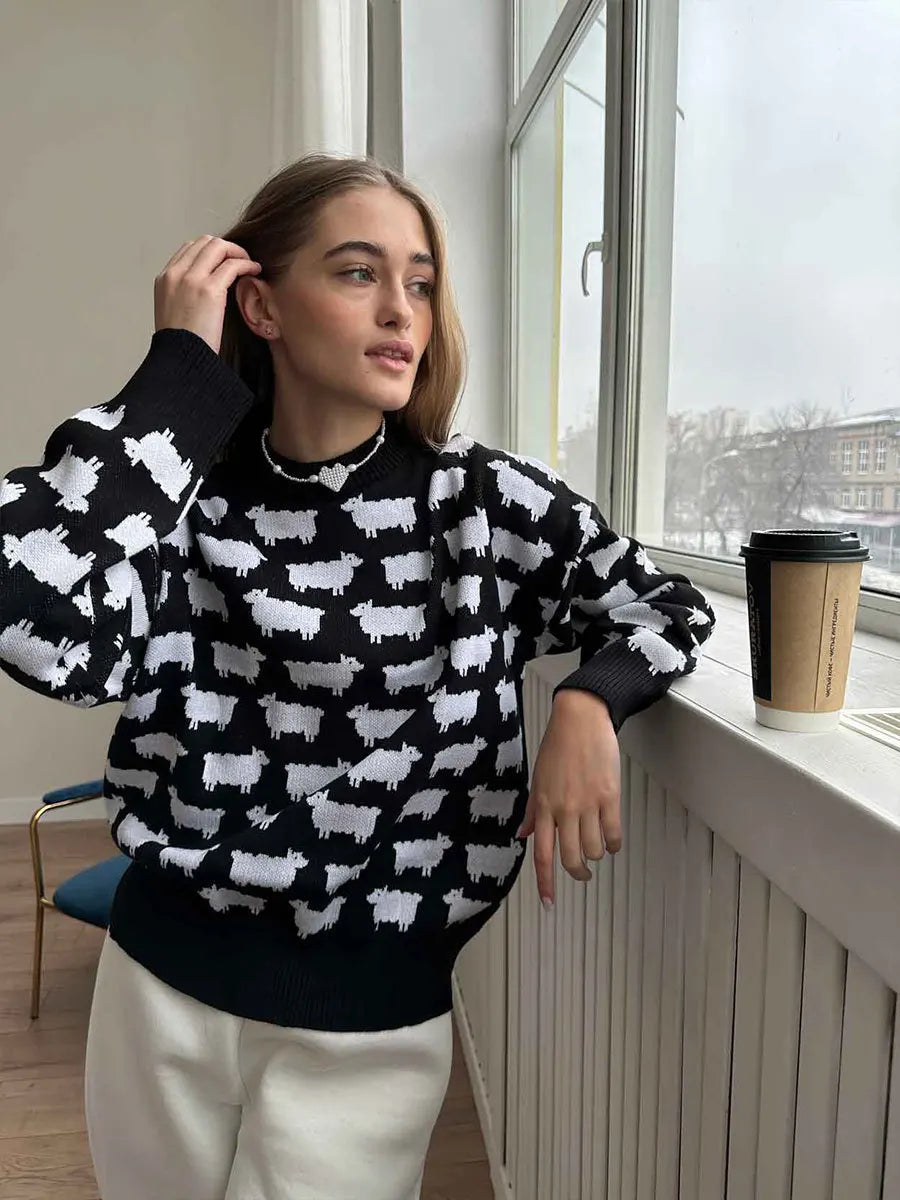 O-neck Alpaca Loose Casual Mid Length Printed Sweater