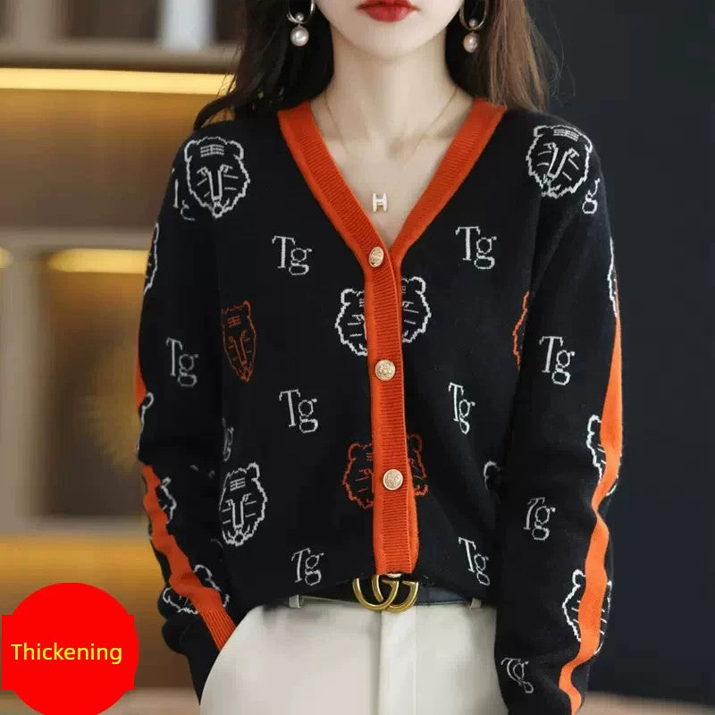 Chic 2-Color Knitted Cardigan Jacquard Loose-Fitting  with Long Sleeve