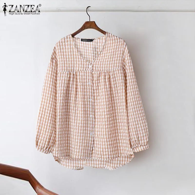 Vintage Plaid Checked  V-Neck Shirt with Long Sleeves