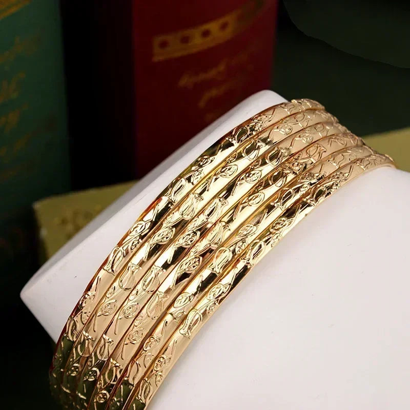 Slim Metal Bangles Gold Plated Carved Flower Layered Cuff Bracelet