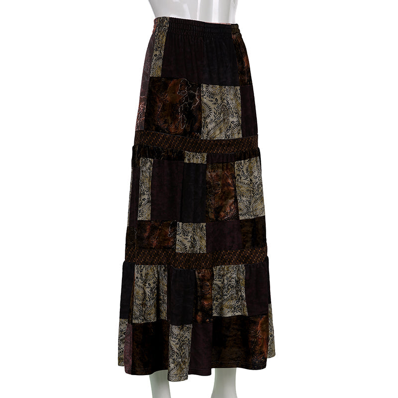 Boho  Patchwork Brown Pleated   Skirt