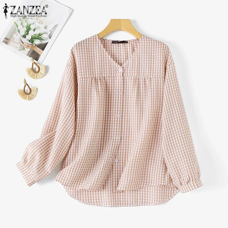 Vintage Plaid Checked  V-Neck Shirt with Long Sleeves