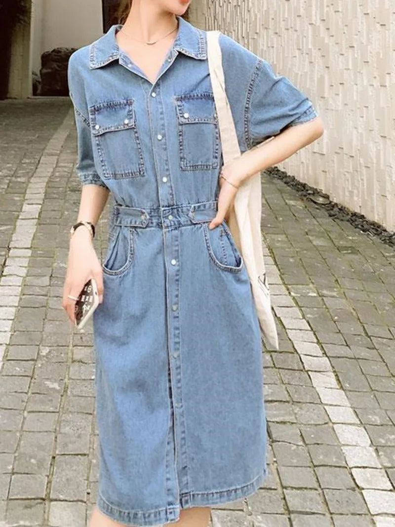 Extra Effort Denim Button Up Midi Dress