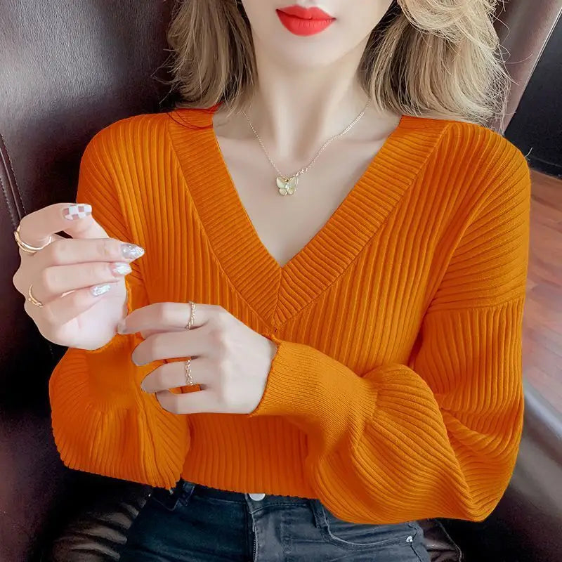 Vibrant Style Casual V-neck  Knit  Sweater Pullover