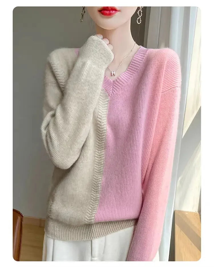 Chic Cashmere Knitted Color Block Patchwork Loose-Fit Style Pullover