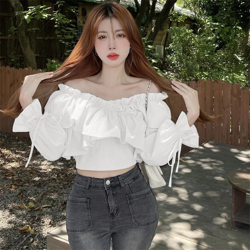 Ruffles Patchwork V-Neck Crop Tops Blouse  with Long Sleeve