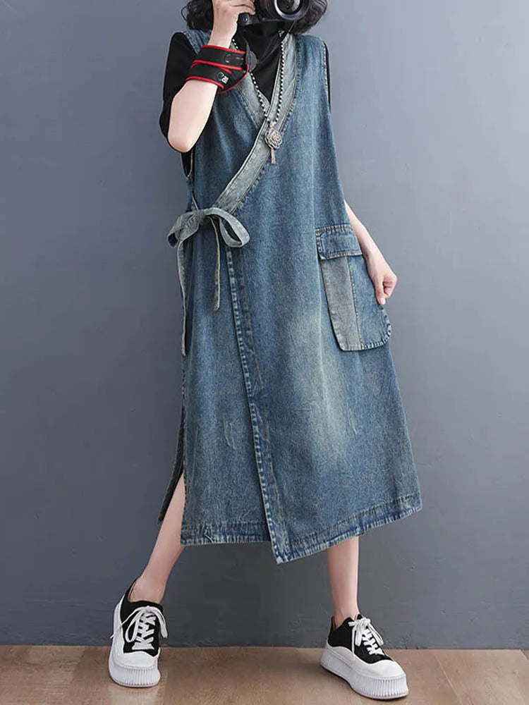 Classic Leisure Fashion Loose Belt Sleeveless Denim Dresses