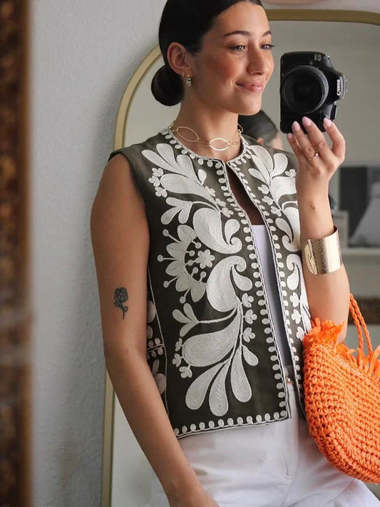 Vintage Floral Embroidered Open Waist Style Vest