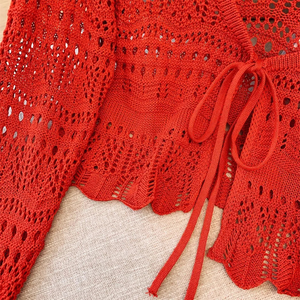 Casual Comfort Crochet  Short Top  Knitted Cardigan with Long Sleeves