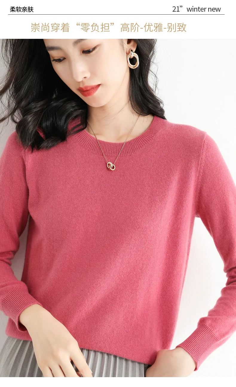 Classic Style Cashmere Round Neck Pullover with  Long Sleeve