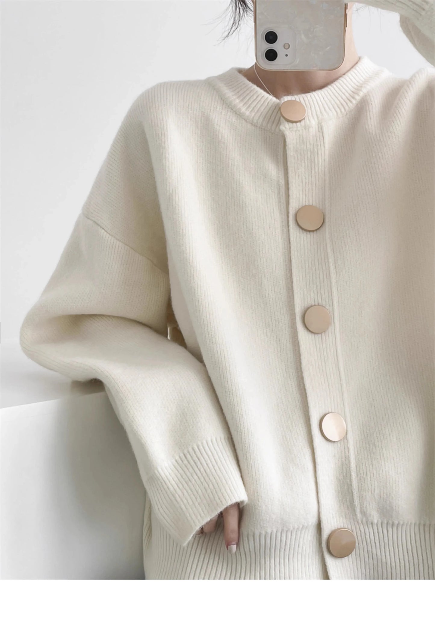 Elegant Cashmere  O-neck Knitted Loose  Cardigans Sweater