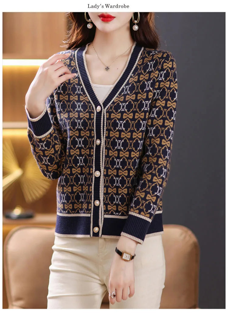 Vintage Elegant V-neck Jacquard Knitted Cardigan