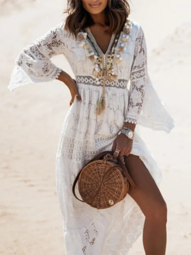 Boho White Beige Lace V Neck Dress