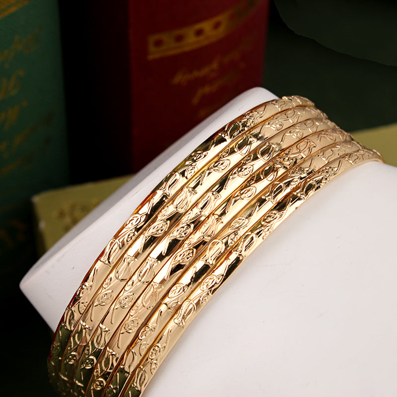 Slim Metal Bangles Gold Plated Carved Flower Layered Cuff Bracelet