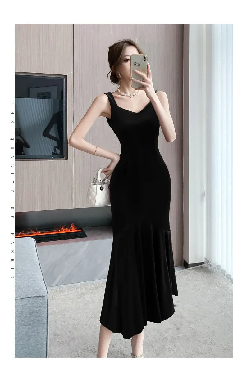 NEW Elegant Korean  Velvet Backless Sleeveless Midi Mermaid Dresses