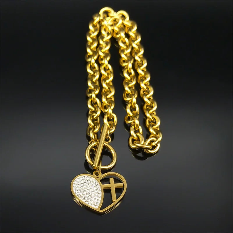 Rhinestone Heart Cross Matching Pendant & Bracelet Jewelry Set