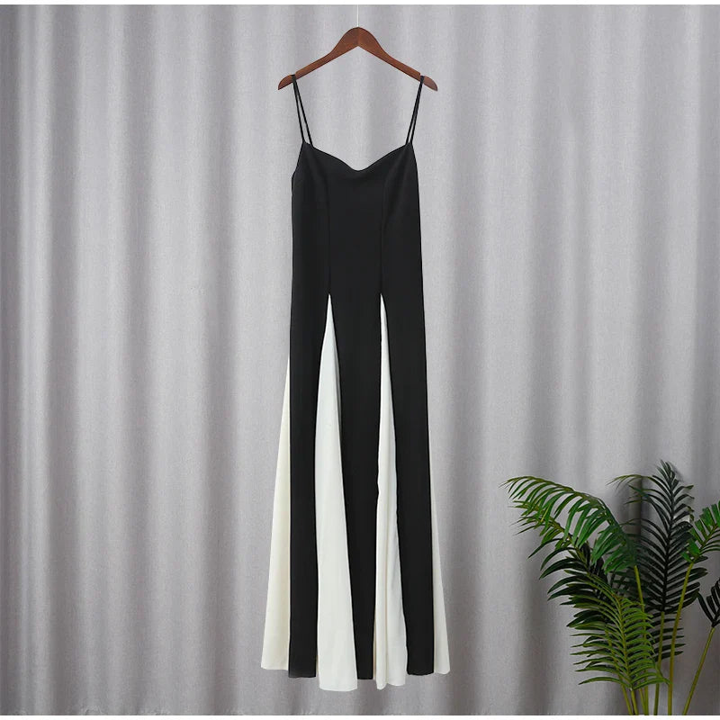 Elegant Black White Contrasting  Sling Backless Sleeveless High Waist Max Dress