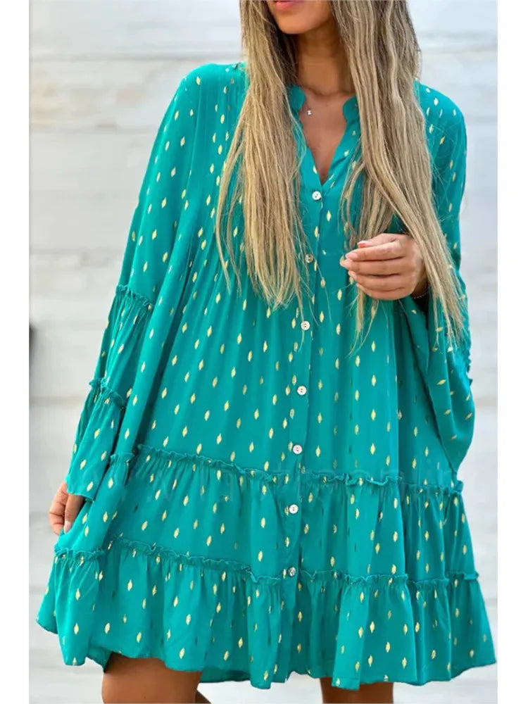 Paradise Boho Swing  Pleated Shirt Dress