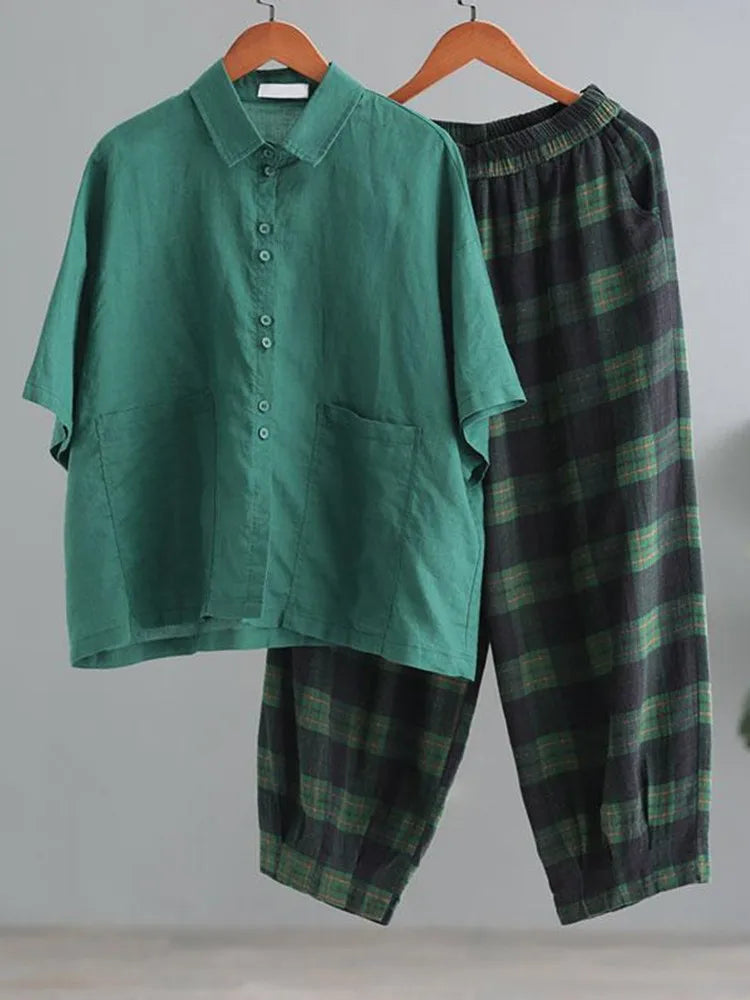 Vntage Style Loose Cotton Shirts & Plaid Pants 2 Piece Set