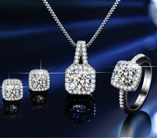 GRA Certified Sterling Silver Flawless Moissanite Diamond Ring, Necklace, Earring Jewelry Set