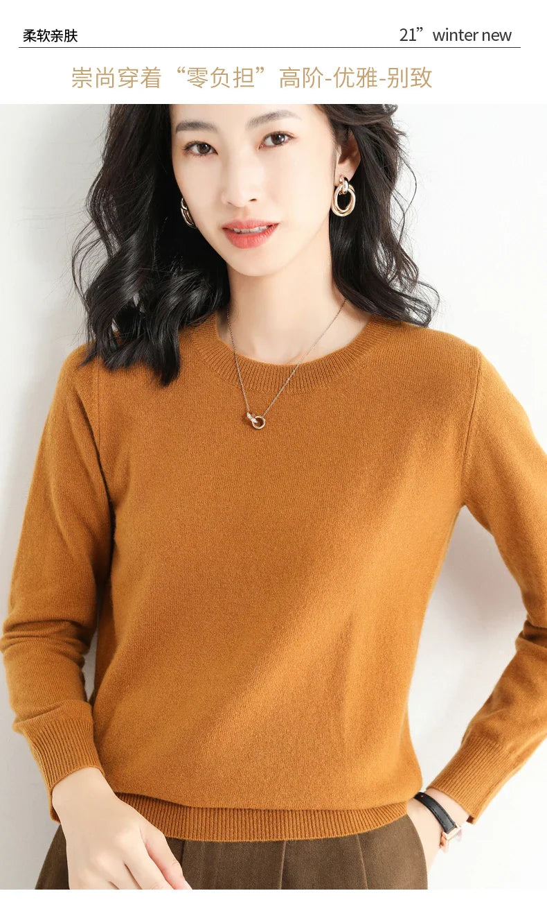 Classic Style Cashmere Round Neck Pullover with  Long Sleeve