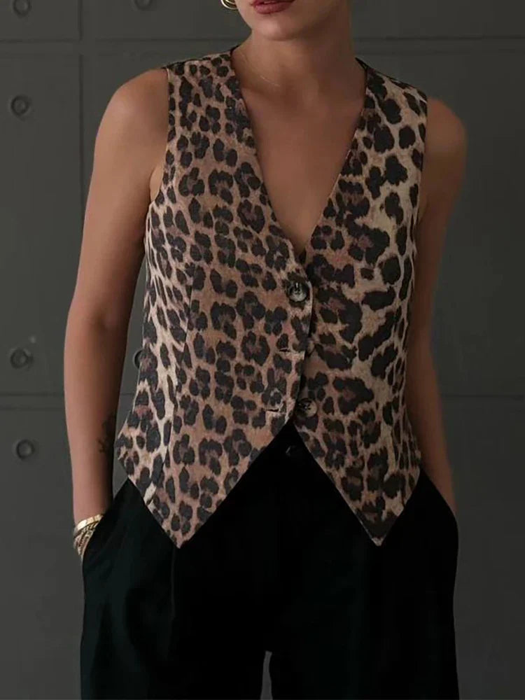 Chic Vintage Leopard Print  Sleeveless  V-Neck Slim Short Vest