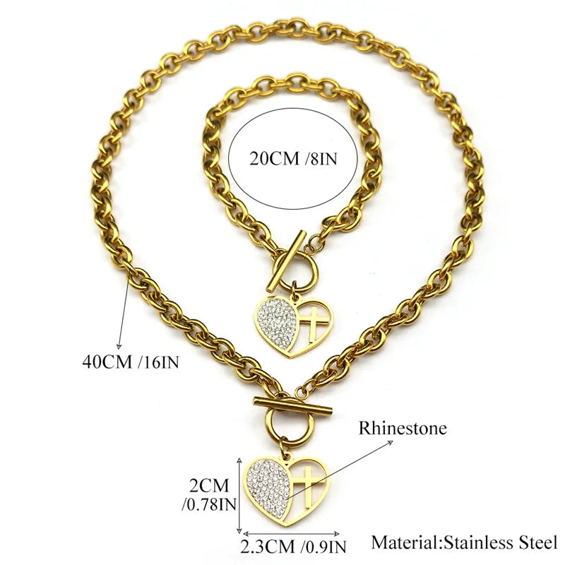 Rhinestone Heart Cross Matching Pendant & Bracelet Jewelry Set