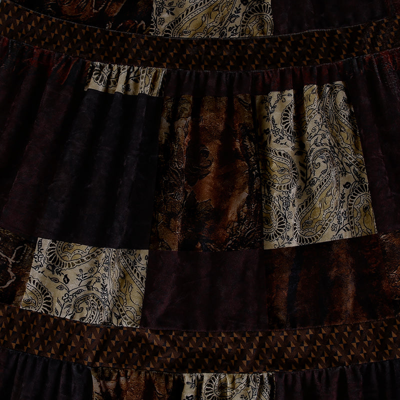 Boho  Patchwork Brown Pleated   Skirt