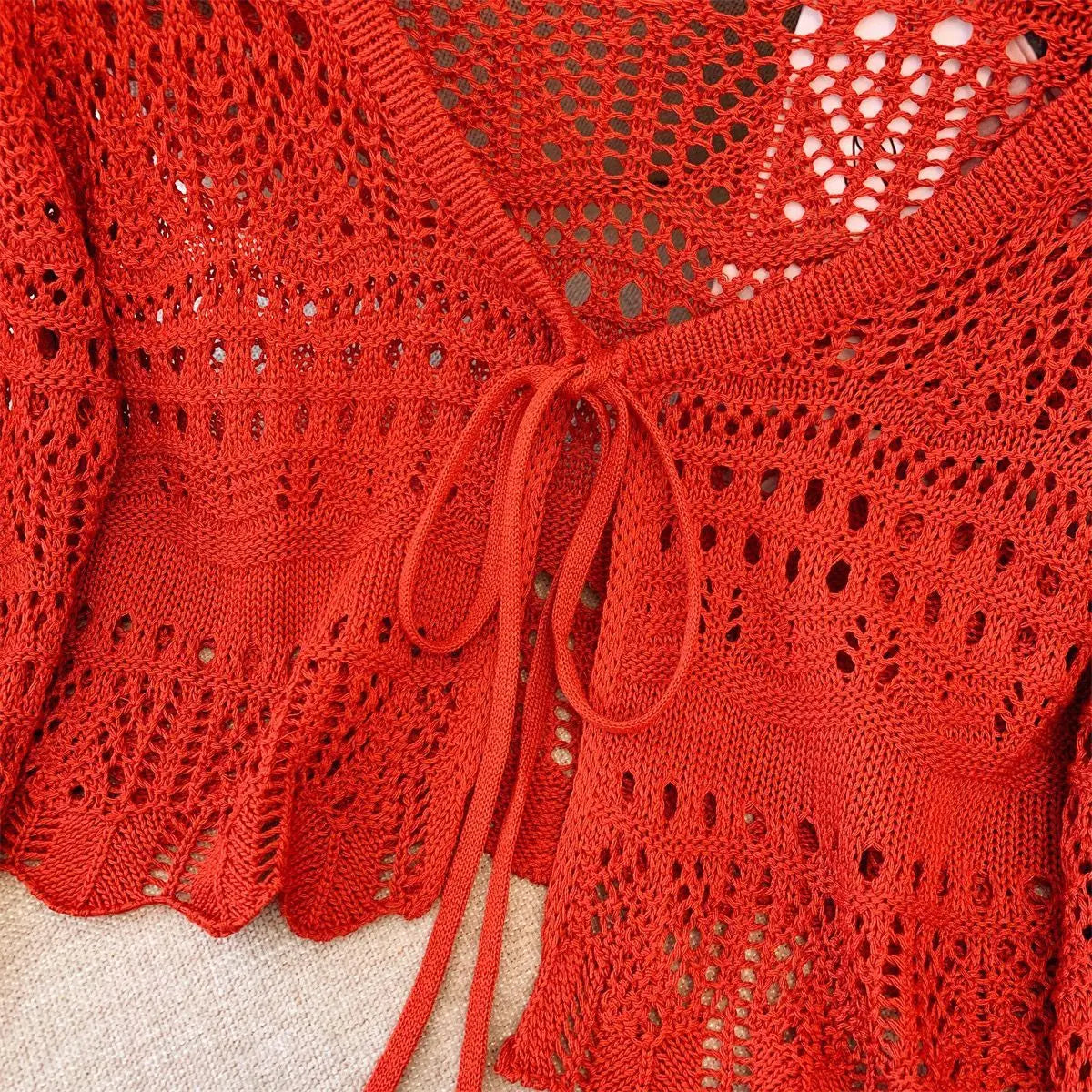 Casual Comfort Crochet  Short Top  Knitted Cardigan with Long Sleeves