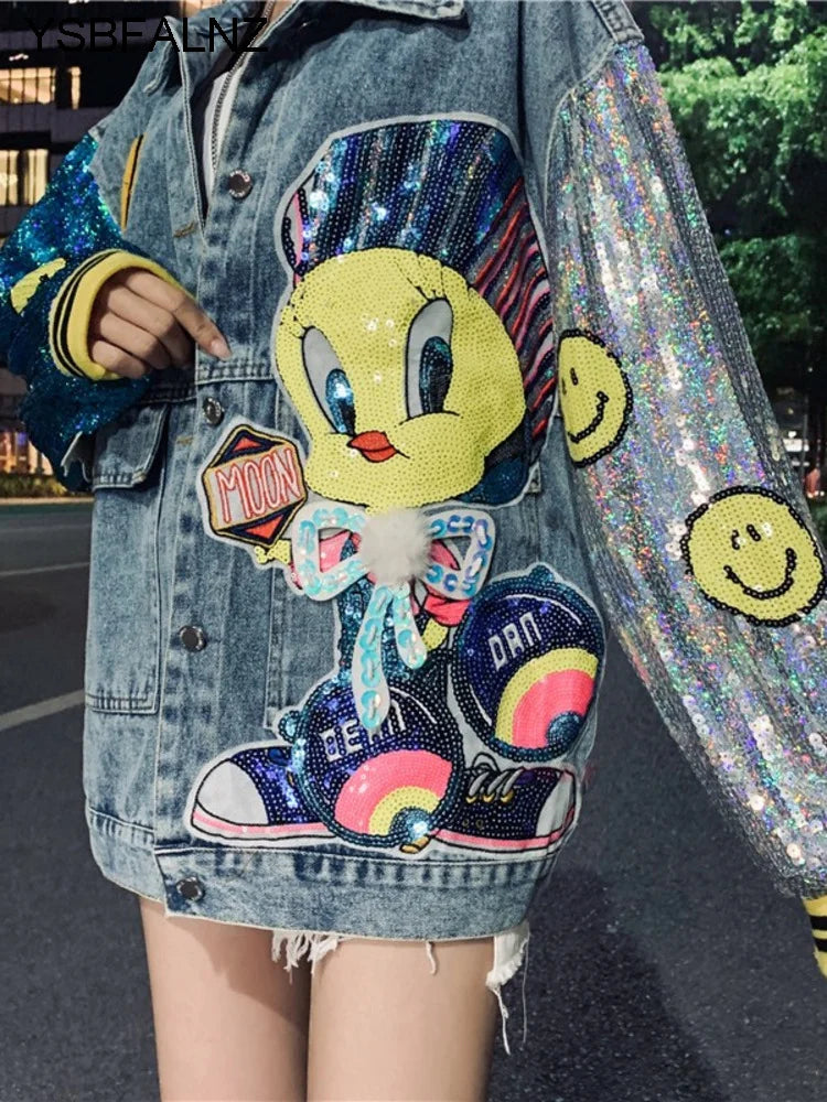 Hip Hop Cartoon Sequin Stitching Embroidery  Denim Jackets