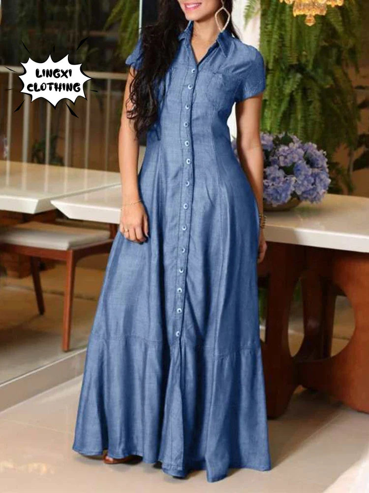 Denim Swing Dress with Long Dress with Pocket