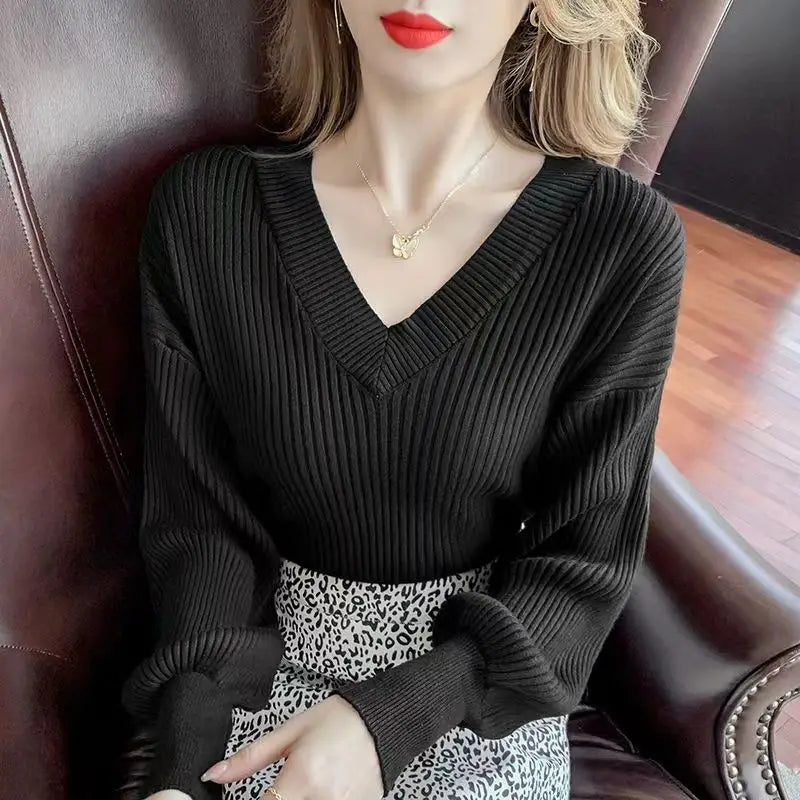 Vibrant Style Casual V-neck  Knit  Sweater Pullover