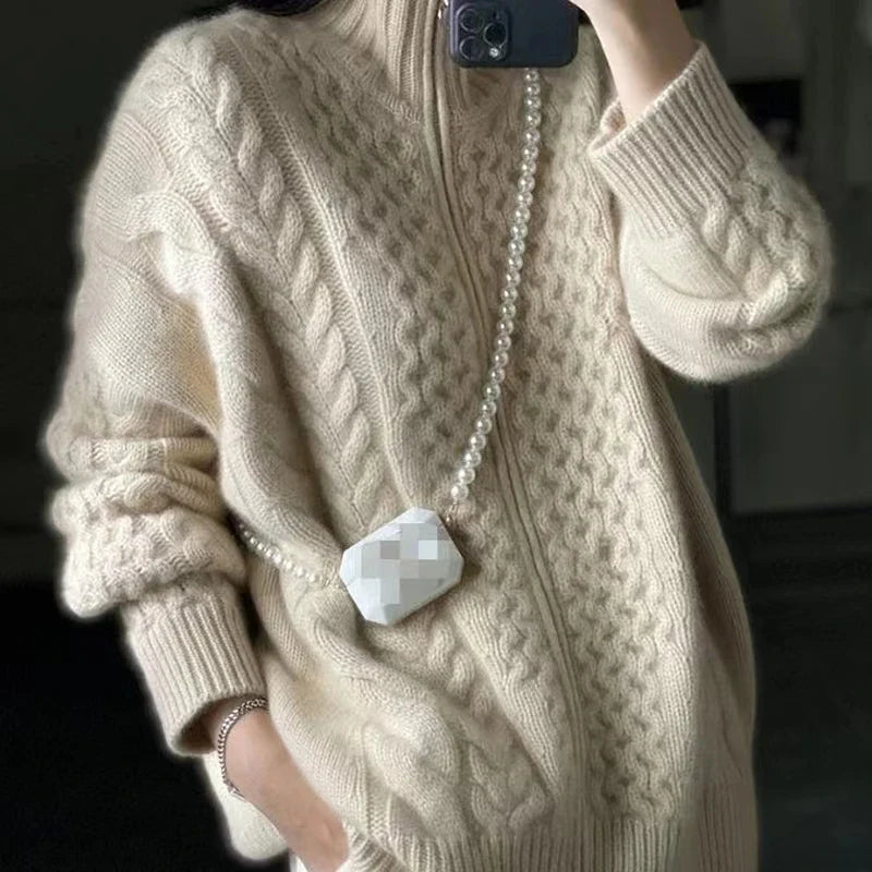 Luxurious High Neck Knit Wool Zippered Cardigan Sweater Jacket