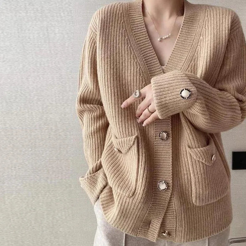 Elegant   Loose-Fit V-Neck Knitted  Cardigan with  Long Sleeve One Size