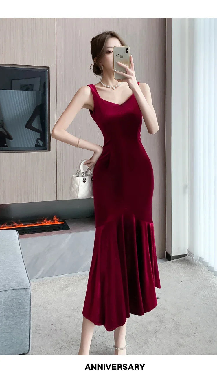 NEW Elegant Korean  Velvet Backless Sleeveless Midi Mermaid Dresses