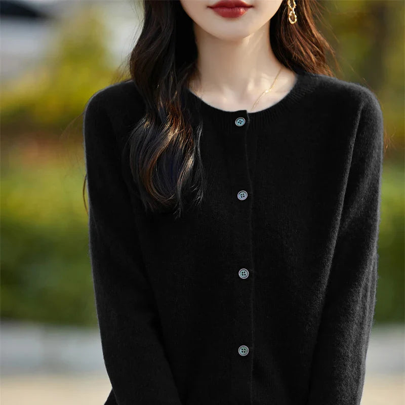 Soft Wool Cashmere Blend Knitted Round Neck Cardigan