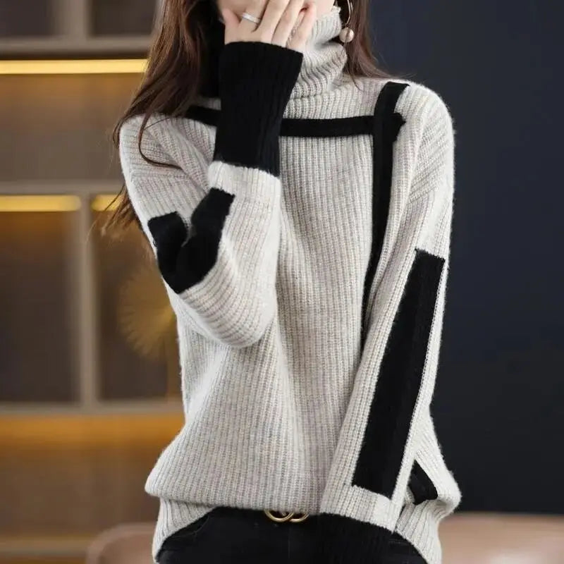 Patchwork Art Design Knit Sweater with High-Collar& Raglan Sleeve