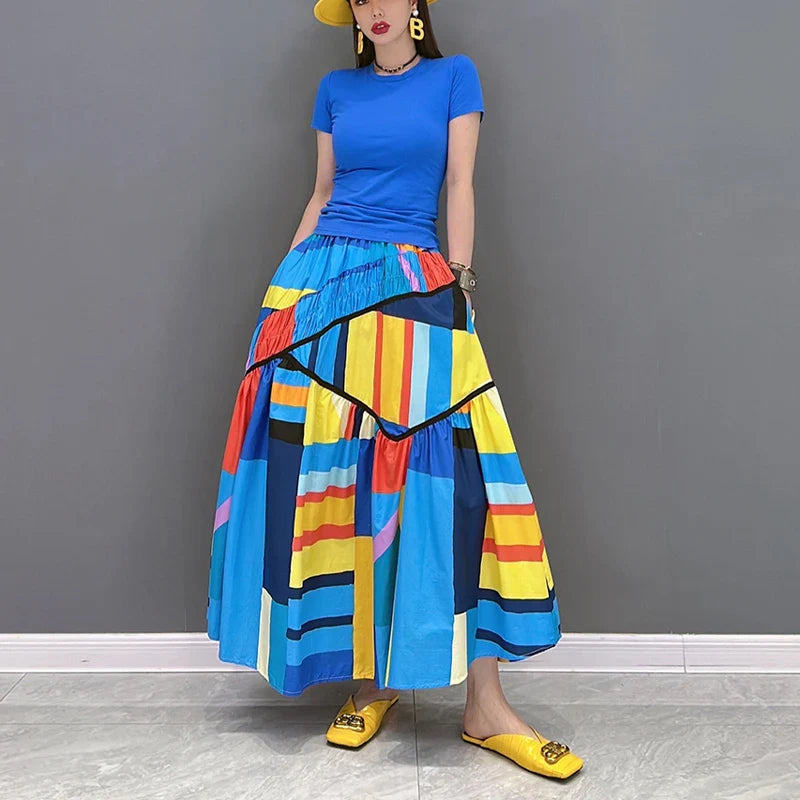Blue Art  3D Printed  Loose Fit Mid-Calf Skirt with Pockets