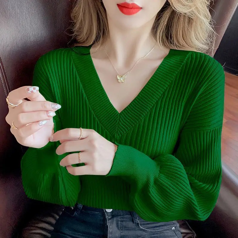 Vibrant Style Casual V-neck  Knit  Sweater Pullover