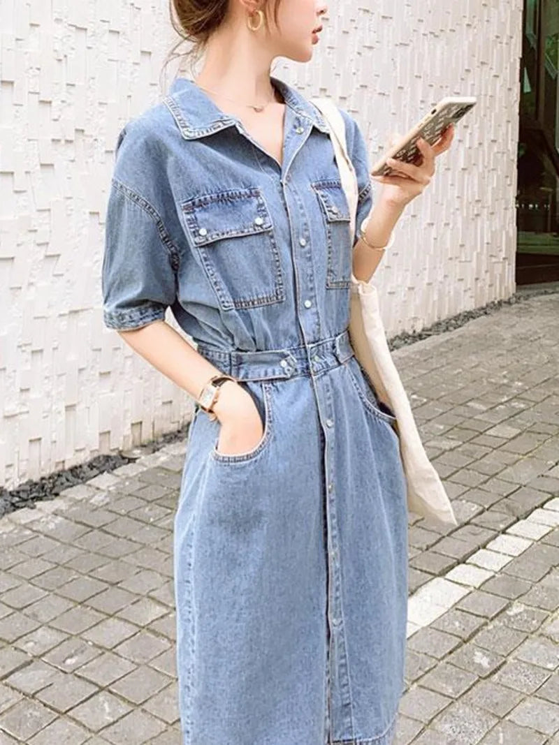 Extra Effort Denim Button Up Midi Dress