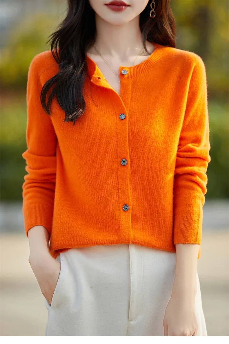 Soft Wool Cashmere Blend Knitted Round Neck Cardigan