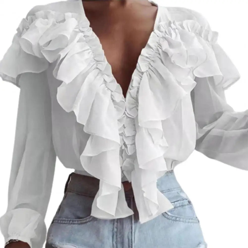 Love Ruffle Collar V-neck  Chiffon Shirt with Long Sleeve