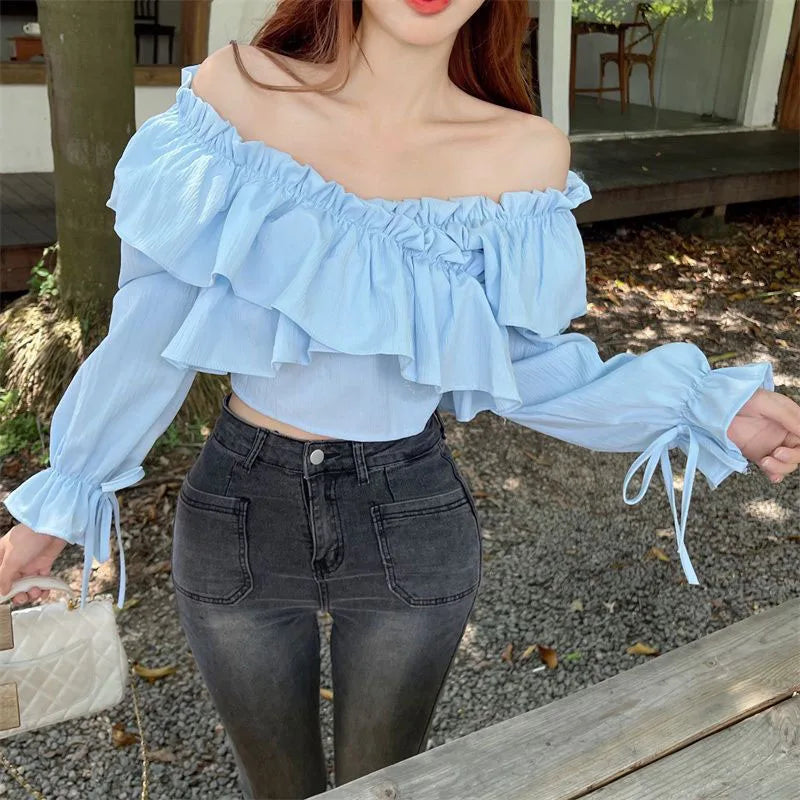 Ruffles Patchwork V-Neck Crop Tops Blouse  with Long Sleeve