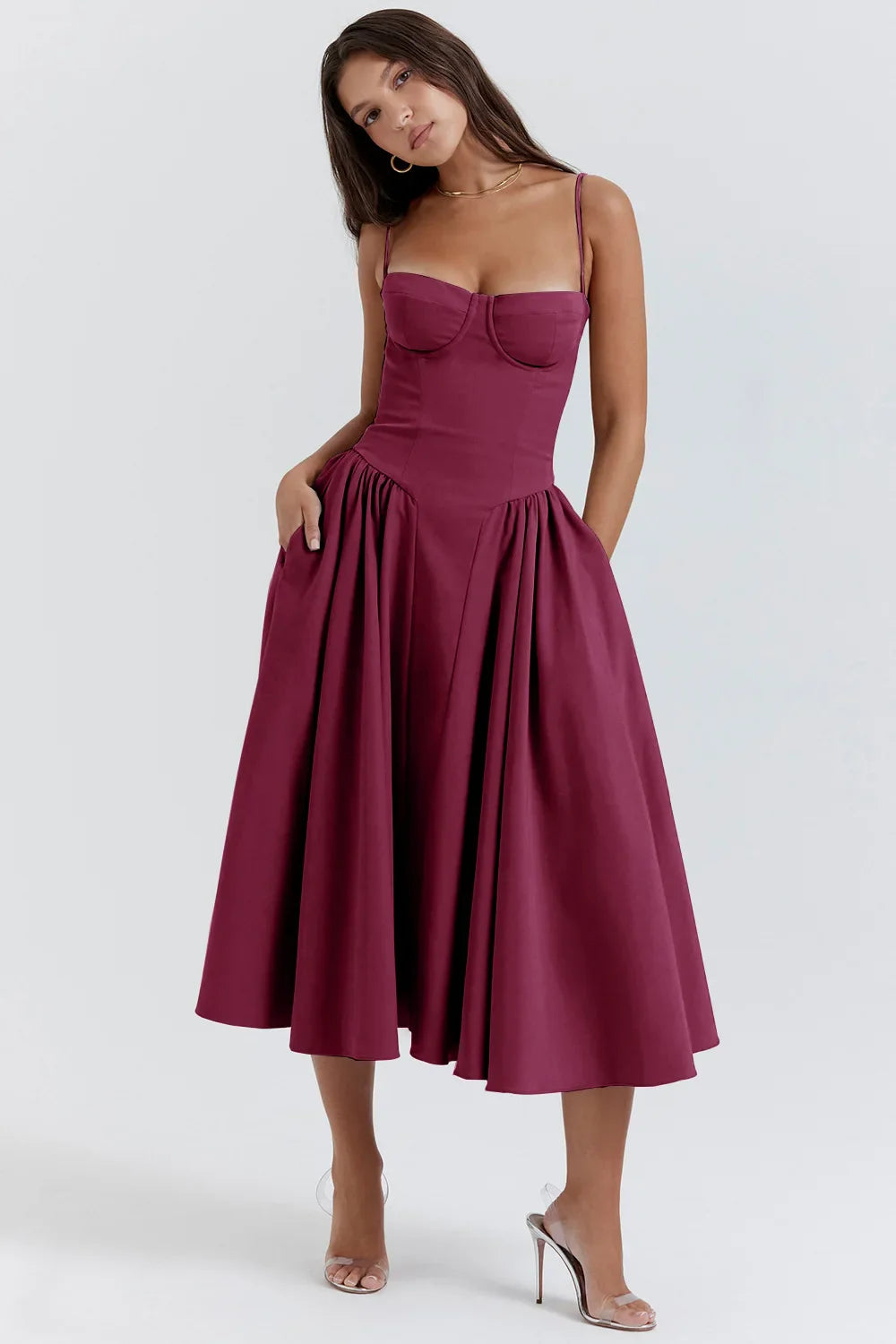 Party Pleated Hem Sling Midi Sleeveless Backless Dresses