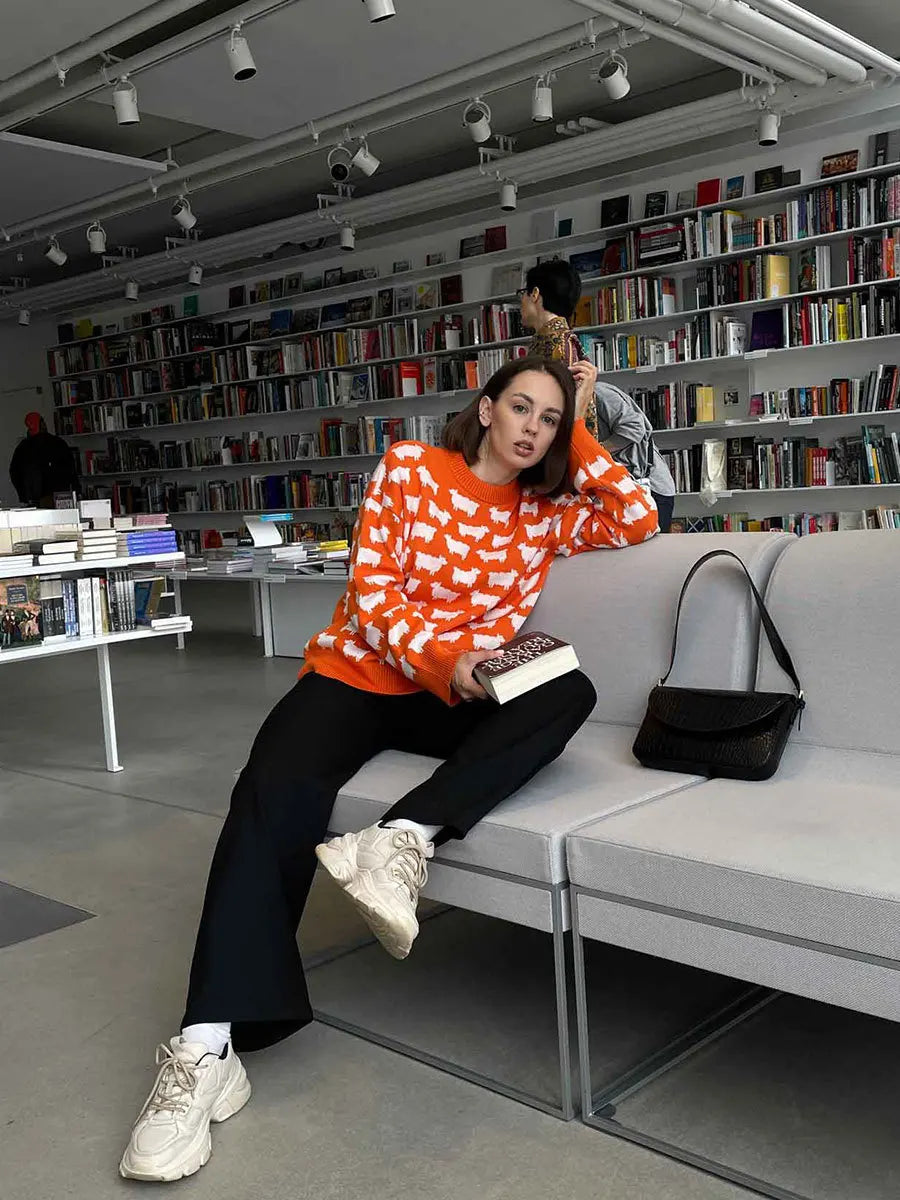 O-neck Alpaca Loose Casual Mid Length Printed Sweater