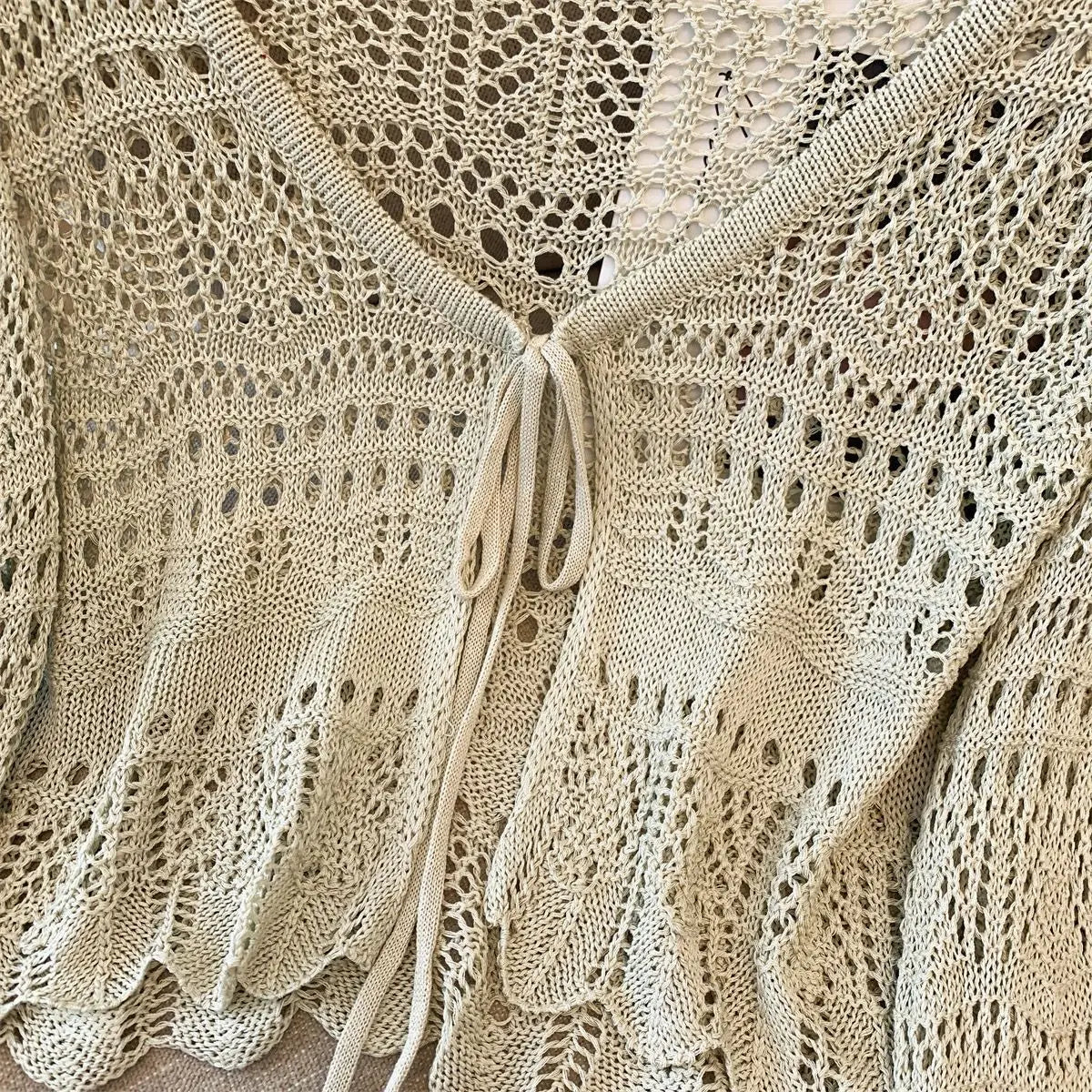 Casual Comfort Crochet  Short Top  Knitted Cardigan with Long Sleeves