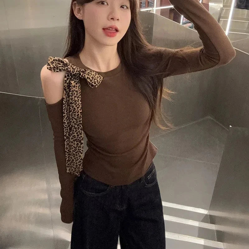 Coffee Leopard  Round Neck Long Sleeve Slim Top