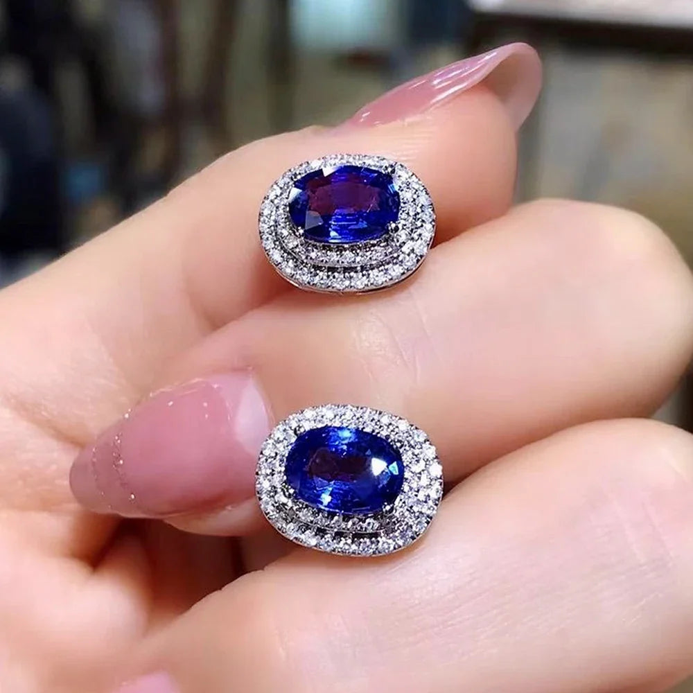 Gorgeous Blue Sapphire CZ Oval Shaped Stud Earrings