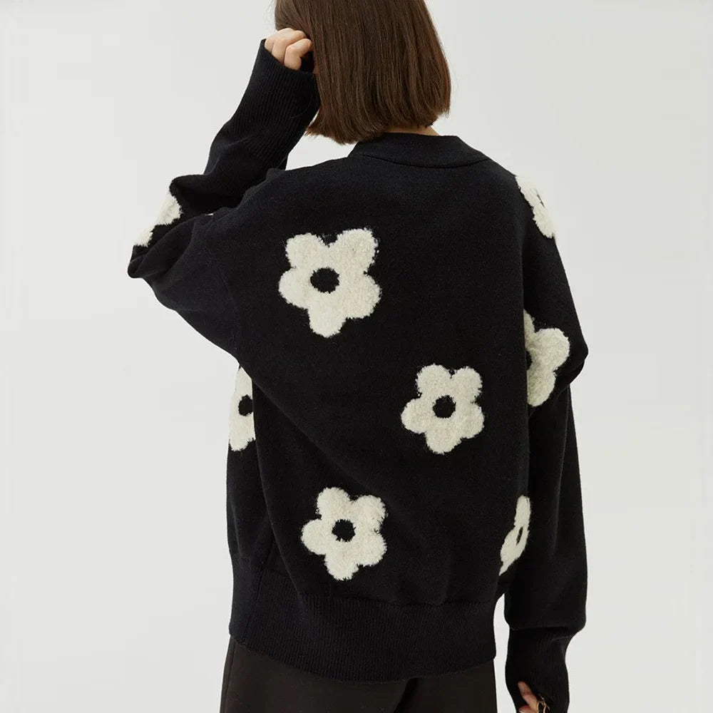 Trendy Floral Embroidered Knitted  Loose Fitting Cardigan
